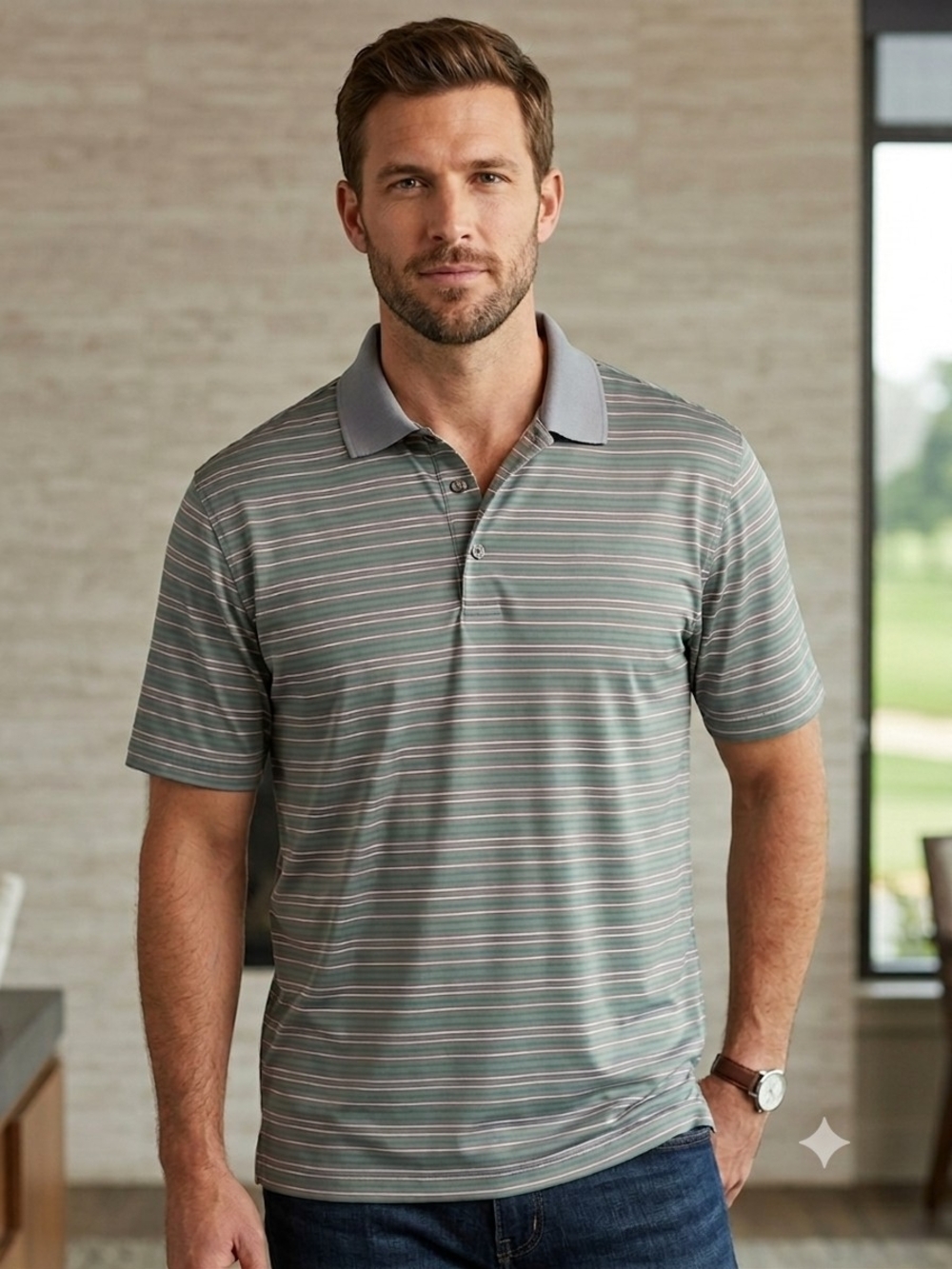 Hogan Men's Gray Striped Polo with Contrast Collar.      MS 20